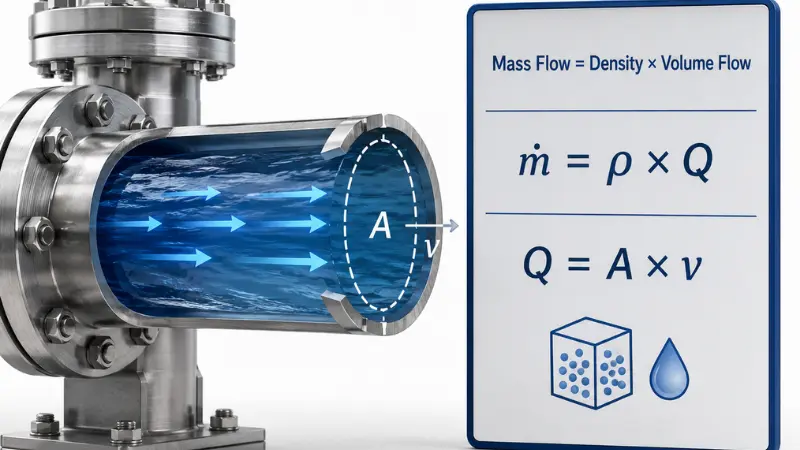 Mass flow and volumetric flow conversion formula with density and pipe flow illustration Mass flow and volumetric flow conversion formula with density and pipe flow illustration