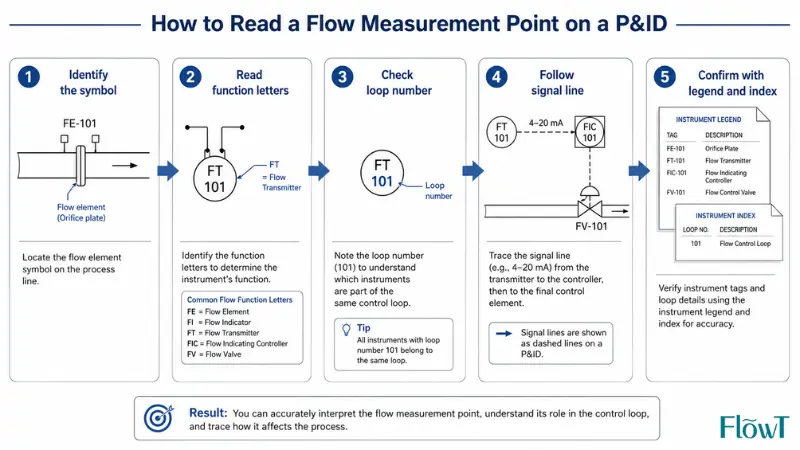 Step-by-step workflow for interpreting a flow measurement point on a P&ID