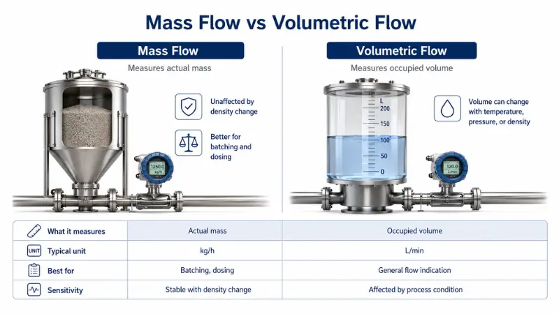Comparison infographic showing the difference between mass flow and volumetric flow