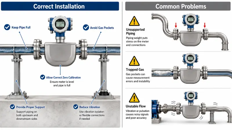 Installation best practices for Coriolis flow meters including full pipe, pipe support, and vibration control