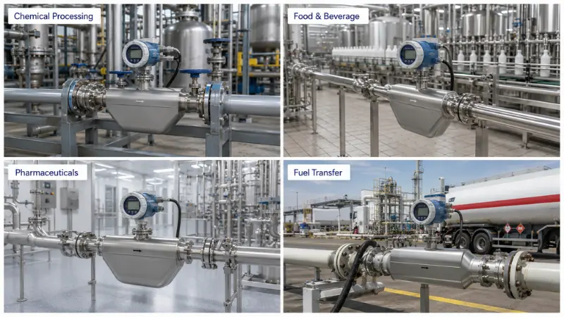 Industrial applications of Coriolis flow meters in chemical, food, pharmaceutical, and fuel processes
