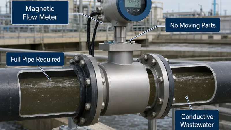 Magnetic flow meter installed on a full conductive wastewater pipeline in a treatment plant. Magnetic flow meter installed on a full conductive wastewater pipeline in a treatment plant.