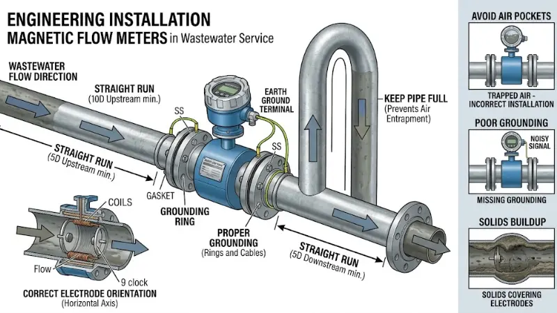 Magnetic wastewater flow meter installation diagram showing full pipe, grounding, straight run, and electrode orientation. Magnetic wastewater flow meter installation diagram showing full pipe, grounding, straight run, and electrode orientation.