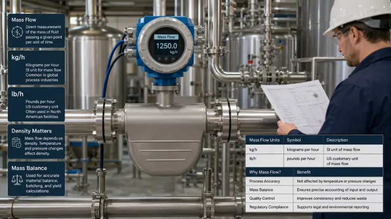 Mass flow units kg/h and lb/h displayed on a Coriolis flow meter in an industrial process line Mass flow units kg/h and lb/h displayed on a Coriolis flow meter in an industrial process line
