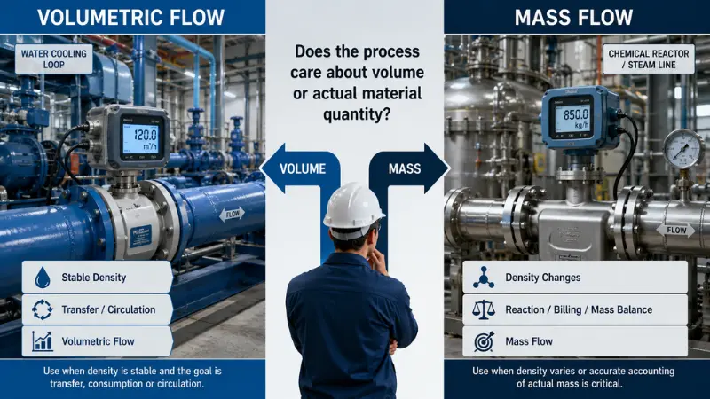 Decision guide comparing volumetric flow units and mass flow units for flow meter selection Decision guide comparing volumetric flow units and mass flow units for flow meter selection