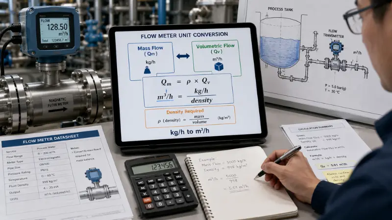 Flow meter unit conversion formula showing kg/h to m³/h using fluid density Flow meter unit conversion formula showing kg/h to m³/h using fluid density