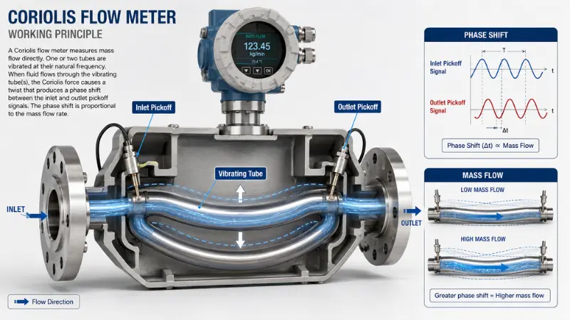 Coriolis flow meter working principle with vibrating tube and phase shift Coriolis flow meter working principle with vibrating tube and phase shift
