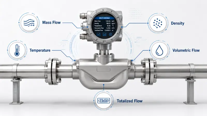 Coriolis flow meter measuring mass flow density temperature and totalized flow Coriolis flow meter measuring mass flow density temperature and totalized flow