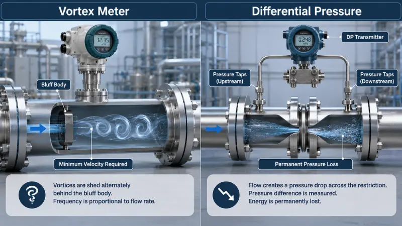 Vortex and differential pressure water flow meter working principles in industrial pipework Vortex and differential pressure water flow meter working principles in industrial pipework